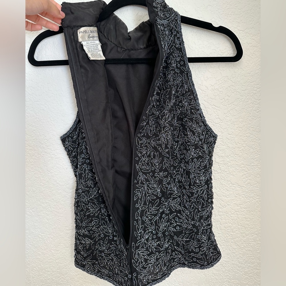 Vintage Papell Boutique Silk Black Beaded Halter Top with Touch of Glamour/Y2K - Picture 5 of 9